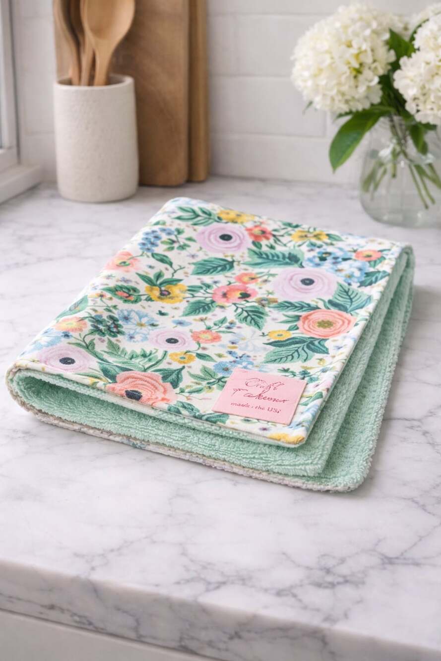 Craft Takeover Dish Drying Cloth Floral‎ Handmade USA Kitchen 18" x 15"